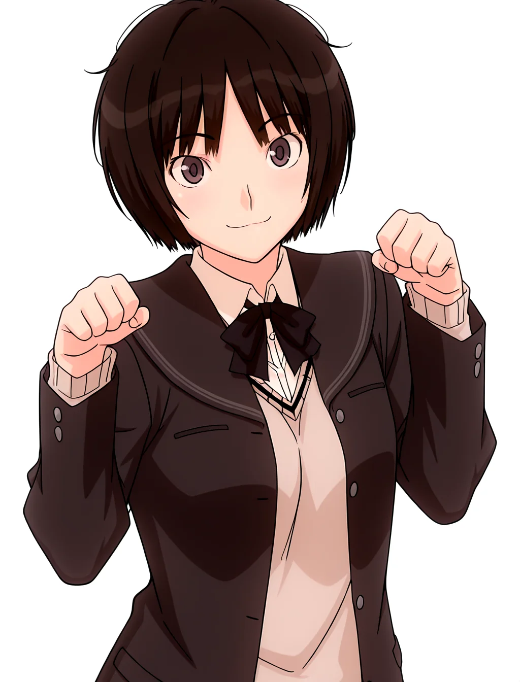 best quality,masterpiece,anime screencap,simple background,solid white background,smile,full_shot,
1girl,
<lora:IL-AMAGAMI-TACHIBANA-MIYA-09:1>,il-tachibana-miya,amagami,kibito high school uniform,1girl,school uniform,solo,jacket,sweater vest,bowtie,
paw pose,