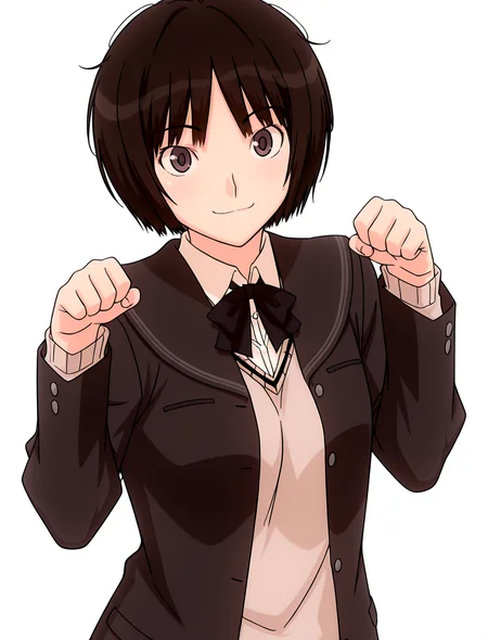 best quality,masterpiece,anime screencap,simple background,solid white background,smile,full_shot,
1girl,
<lora:IL-AMAGAMI-TACHIBANA-MIYA-09:1>,il-tachibana-miya,amagami,kibito high school uniform,1girl,school uniform,solo,jacket,sweater vest,bowtie,
paw pose,