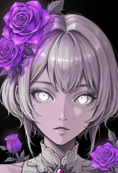 score_9, score_8_up, score_7_up, score_6_up, KZKST, 1girl, flower, mole, solo, portrait, rose, glowing, mole under eye, parted lips, looking at viewer, simple background, black background, purple theme, glowing eyes, white eyes, short hair