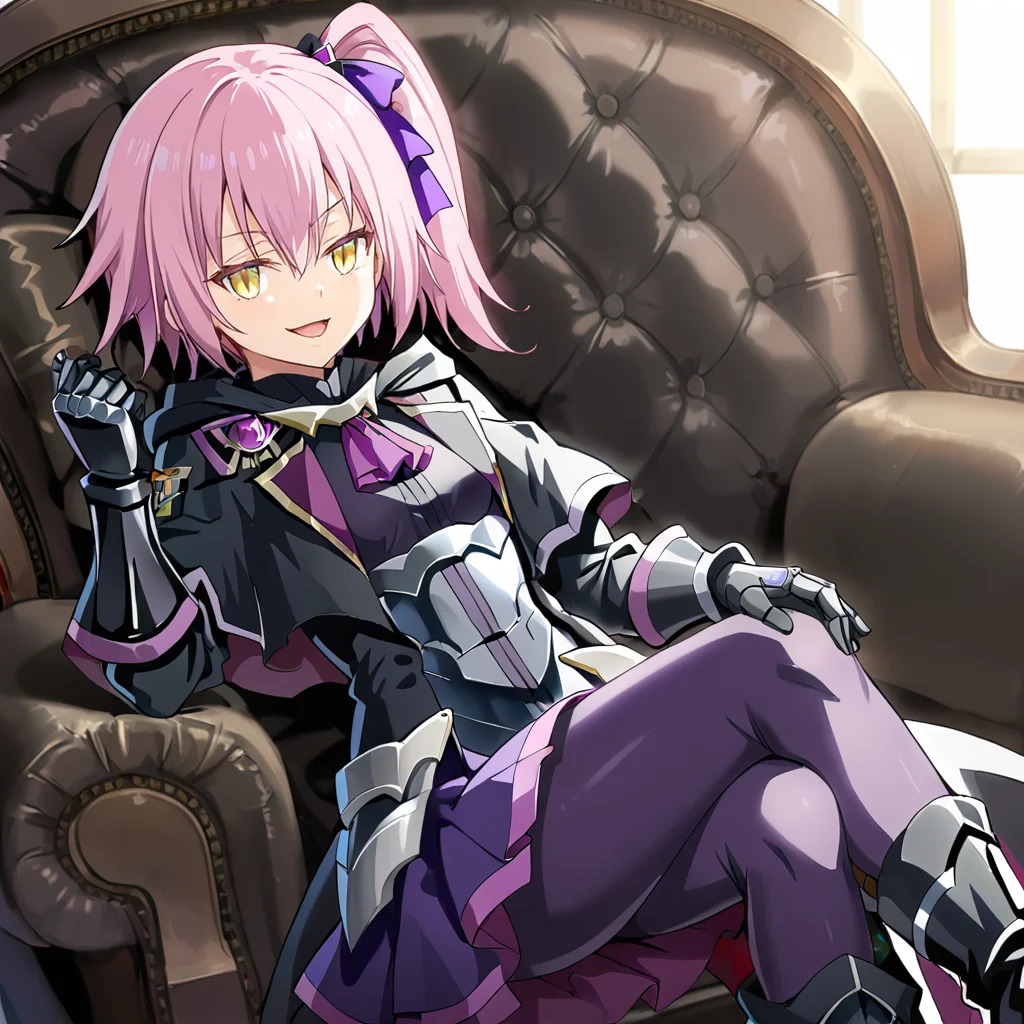1girl, solo, ultima, slit pupils, pink hair, purple hair, short hair, side ponytail, yellow eyes, bangs, hair between eyes, breasts, small breasts, purple ribbon, purple bow, hair ornament, black shirt, purple ascot, purple skirt, purple pantyhose, boots, black footwear, open jacket, black armored dress, black coat, black jacket, gloves, black gauntlets, smile, open mouth, (smug:1.1), crossed legs,
<lora:Ultima:0.9>