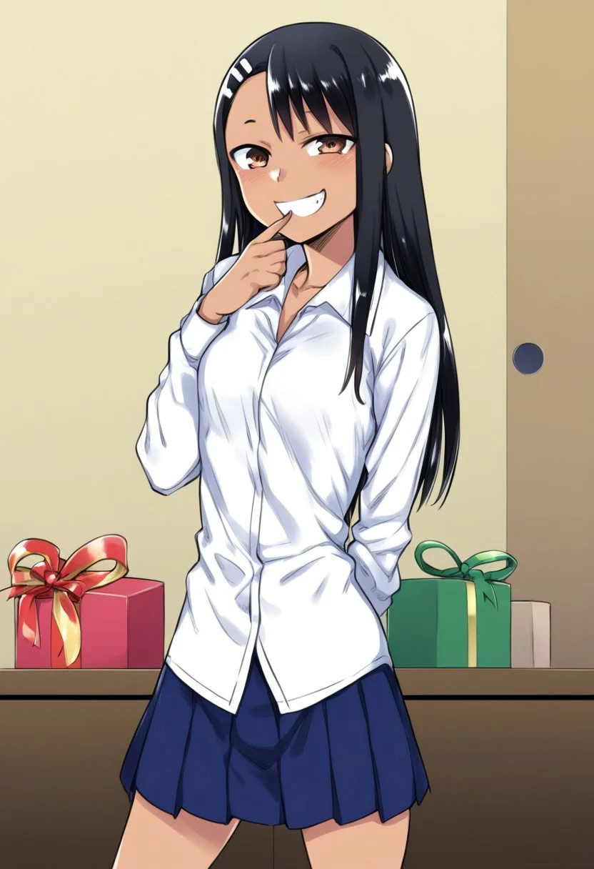 nagatoro hayase, ijiranaide nagatoro-san, 1girl, arm behind back, black hair, blue skirt, box, brown eyes, calendar (object), cowboy shot, dress shirt, gift, gift box, grin, hand to own mouth, incoming gift, indoors, long hair, long sleeves, pleated skirt, shirt, skirt, smile, solo, tan, untucked shirt, valentine