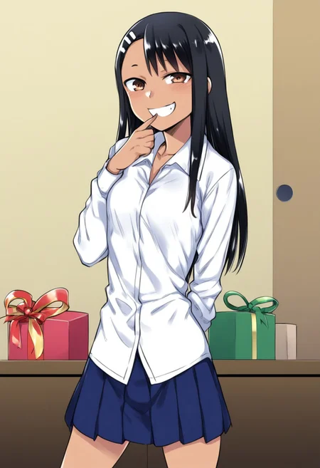 nagatoro hayase, ijiranaide nagatoro-san, 1girl, arm behind back, black hair, blue skirt, box, brown eyes, calendar (object), cowboy shot, dress shirt, gift, gift box, grin, hand to own mouth, incoming gift, indoors, long hair, long sleeves, pleated skirt, shirt, skirt, smile, solo, tan, untucked shirt, valentine