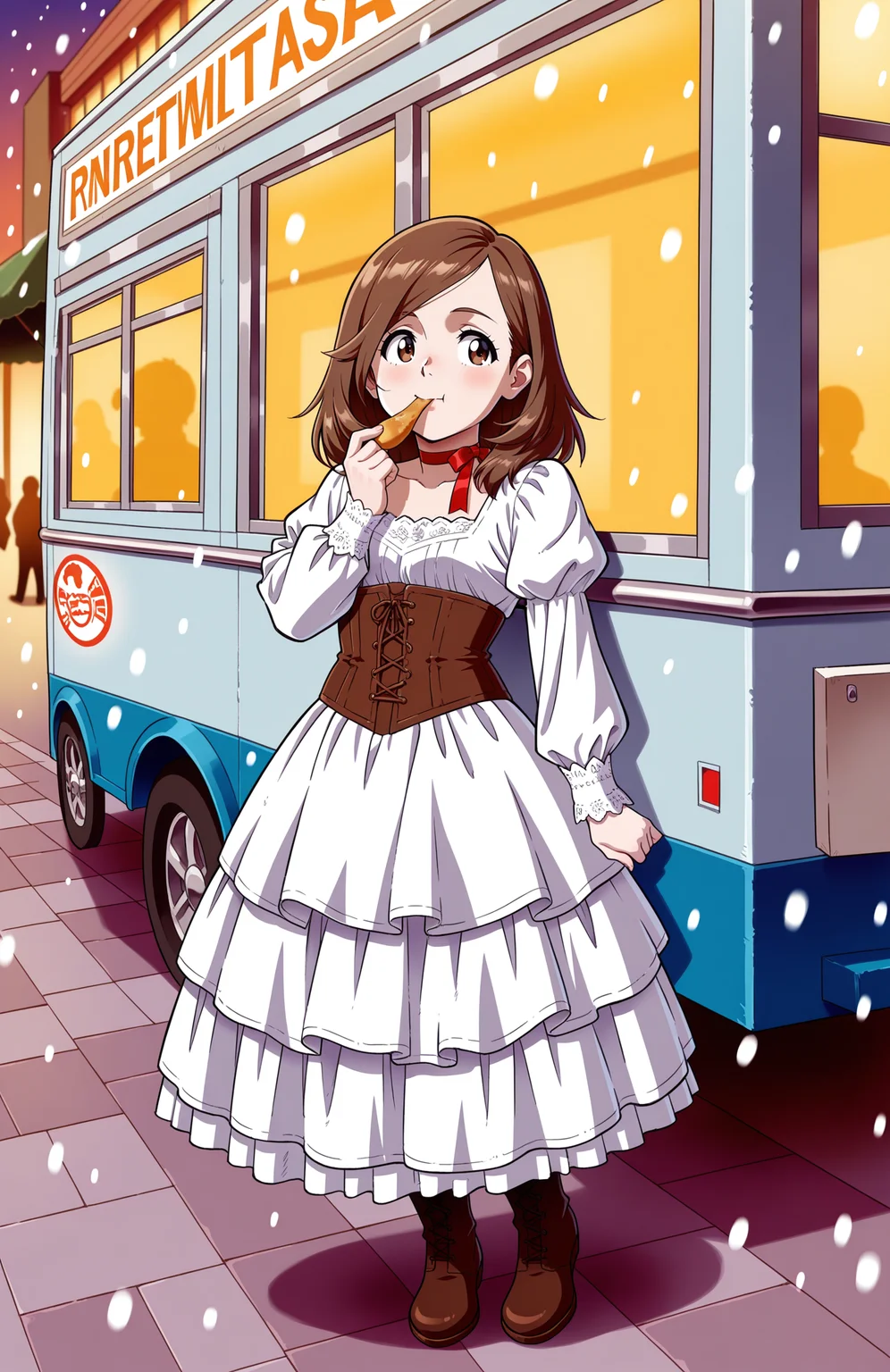 1girl, solo, <lora:Daikin:1> dkn,
<lora:BekBry-60:0.8> bekbry, brown eyes, brown hair, medium hair, swept bangs, petite, victorian dress, puffed sleeves, corset, layered skirt, lace cuffs, white pantyhose, boots, ribbon choker, (long shot), eating at a food truck, detailed face, located in an urban scene at a scenic school during sunset with snowing weather, illuminated by shop windows, creating a energetic,lively atmosphere, extremely detailed, highres, masterpiece, best quality