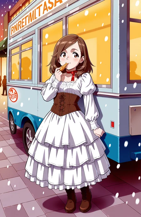 1girl, solo, <lora:Daikin:1> dkn,
<lora:BekBry-60:0.8> bekbry, brown eyes, brown hair, medium hair, swept bangs, petite, victorian dress, puffed sleeves, corset, layered skirt, lace cuffs, white pantyhose, boots, ribbon choker, (long shot), eating at a food truck, detailed face, located in an urban scene at a scenic school during sunset with snowing weather, illuminated by shop windows, creating a energetic,lively atmosphere, extremely detailed, highres, masterpiece, best quality
