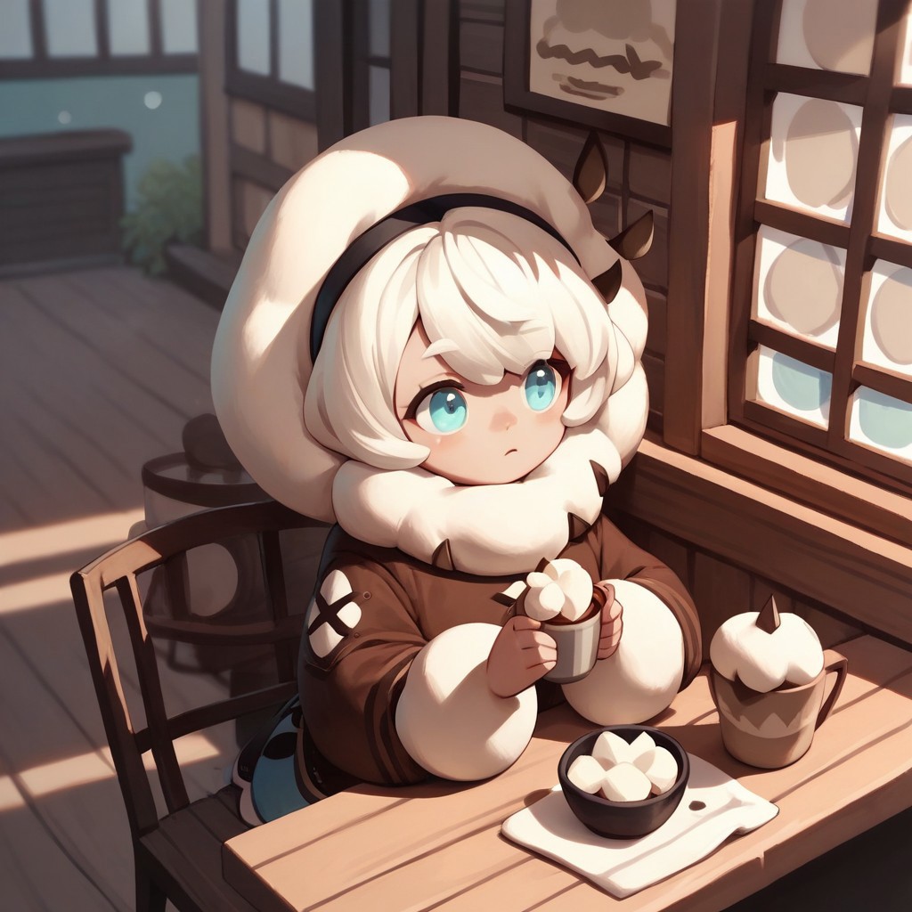score_9, score_8_up, score_7_up, score_6_up, score_5_up, score_4_up, cotton, white hair, blue eyes, brown cloak, hood, cafe