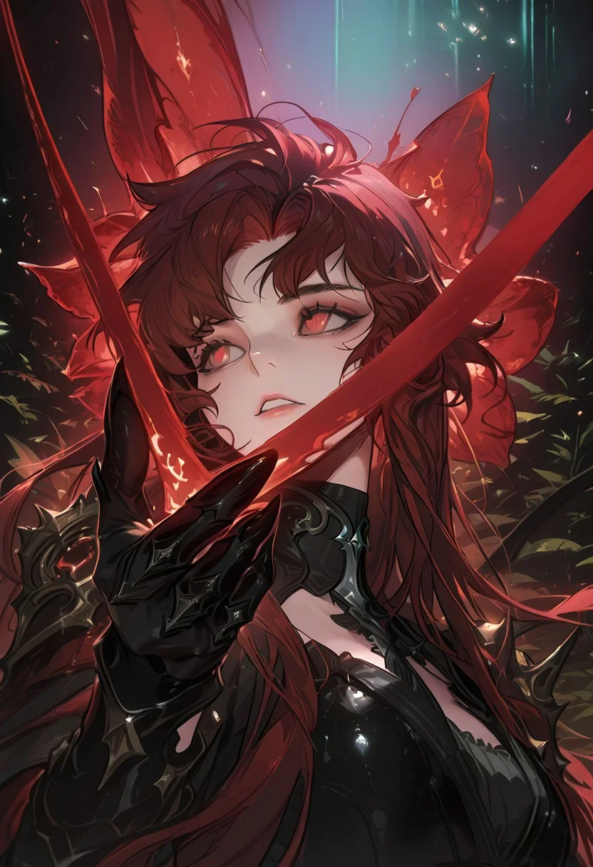 dark red hair, (very long hair:1.4), (Mino Han:1.3), sleeves, wavy hair, (wild hair:1.5), bangs, thick hair, golden shoulder pads, (manhwa:1.4), (korean girl:1.5), (adult:1.4), thick eyelids, black eyeliner, thick red eyebrows, black dress, turtleneck, cleavage, (sexy:1.6), bold, black gloves, black long nails, sexy grin, blink, garden background, blood, bold pose, (girl with red glowing fairy wings:1.2), (photorealistic:1.3), red eyes, feline pupils, (front view:1.7), upper body portrait, (five fingers:1.5), m18+
(painterly:1.4), (surreal:1.5), best quality, flat color, majestic, best quality, amazing quality, intricate detail, highly detailed, newest, highres, 8K, HDR, absurdres, high quality, dynamic composition, best quality, vibrant colors, holographic colors, gradient colors, (glamour shot:1.5), foreshortening