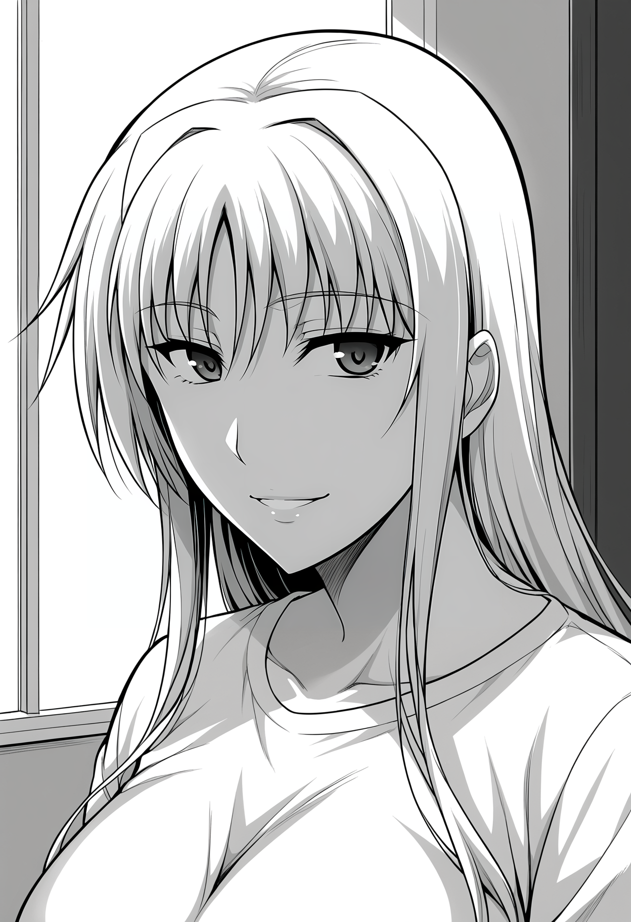 <lora:Ishigaki_Takashi_Style-Fate_Testarossa:0.9>,1girl,solo,fate,mature female,long hair,large breasts,greyscale,monochrome,upper body, shirt,looking at viewer, smile,indoors