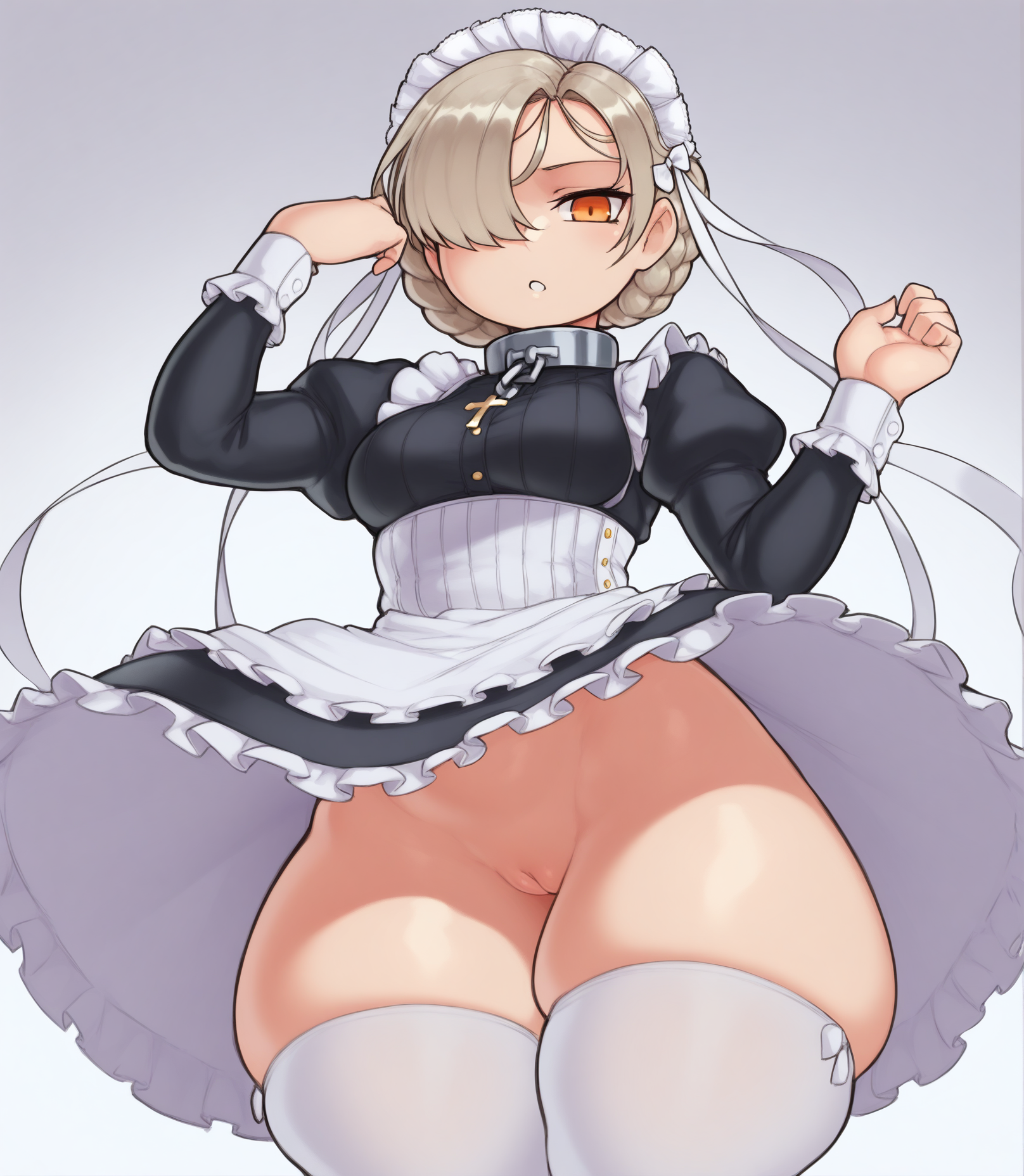 highres, hi res, best quality, masterpiece, 2d, intricate details, 4k, anime coloring, shadow, uncensored, shaded, shadow, countershading,
1girl, solo, female, yellow eyes, braid, short hair, blonde hair, ribbon, white ribbon, hair over one eye, orange eyes, french braid, sheffield \(azur lane\), azur lane, 
breasts, medium breasts, small breasts,
collar, chain, skirt, long sleeves, dress, thighhighs, frills, puffy sleeves, black dress, white thighhighs, apron, maid, maid headdress, skindentation, frilled dress, cross, juliet sleeves, white apron, maid apron, frilled apron,
cowboy shot, facing viewer, looking at viewer, 
depth of field, white background, <lora:Ourobot_ILXL:1>, ourobot,