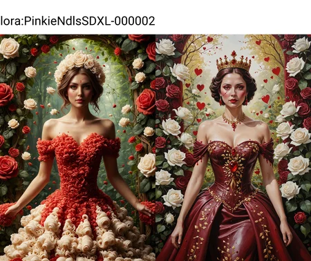 A captivating oil painting of a pretty queen, (upper body), adorned with a majestic crown of ruby-heart shapes. She wears a striking burgundy, abstract, and eye-catching gown that features elegant heart and rose motifs. The queen stands gracefully in a beautiful garden beside a bush of painted white roses turned red, with a touch of red paint dripping from them, the artwork exudes a fantastical, cinematic atmosphere, transporting the viewer into a world of enchantment and whimsy., painting, cinematic, made out of noodles, <lora:PinkieNdlsSDXL-000002:1>, p1nkn00dles,