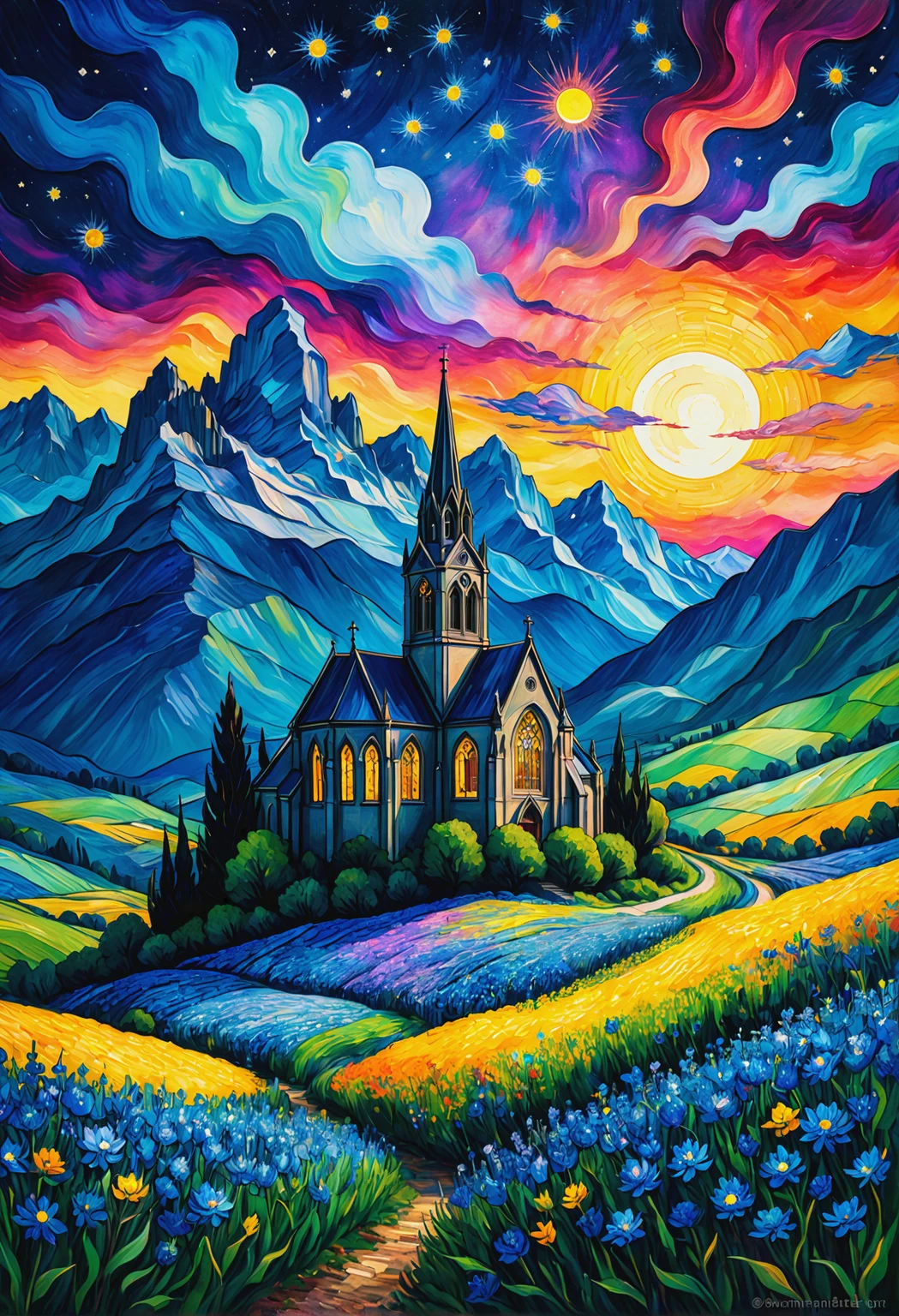 Field of blue flowers mountains gothic church Soft watercolors illustration painting High gothic Vincent van Gogh starry night sky multi-colorful hyper-colorful multi-layered sunset eclipse multi-colorful hyper-colorful background intricate motifs perfect composition masterpiece insanely-detailed extreme-detailed hyper-detailed beautiful volumetric deep rich colors volumetric lighting shadows Ray tracing rough edges, abstract art complementary colors fine details<lora:xl_more_art-full_v1:0.3>
