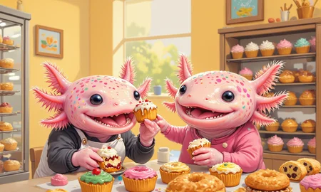 detailed crayon artwork of anthropological axolotls, close-up of a pink axolotl in a miniature bakery, wearing a little apron and holding a frosted cupcake with sprinkles, offering it to another axolotl seated at a small table with other colorful pastries; its frilly gills show excitement, and its round black eyes are filled with joy as it shares the treat; soft golden lighting fills the bakery, with displays of tiny donuts, cookies, and breads around, and a tilt-shift effect blurs the background, creating a warm, inviting scene that emphasizes the cozy, miniature scale, the axolotls are clothed and have pink frilly gills and round black eyes, crayon, axolotl<lora:Axomodel_Flux_V1.1.safetensors:1.0:1.0> <lora:qiu_crayon.safetensors:1:1> <lora:PCB_Image_Enhancer_for_FLUX.safetensors:1:1>