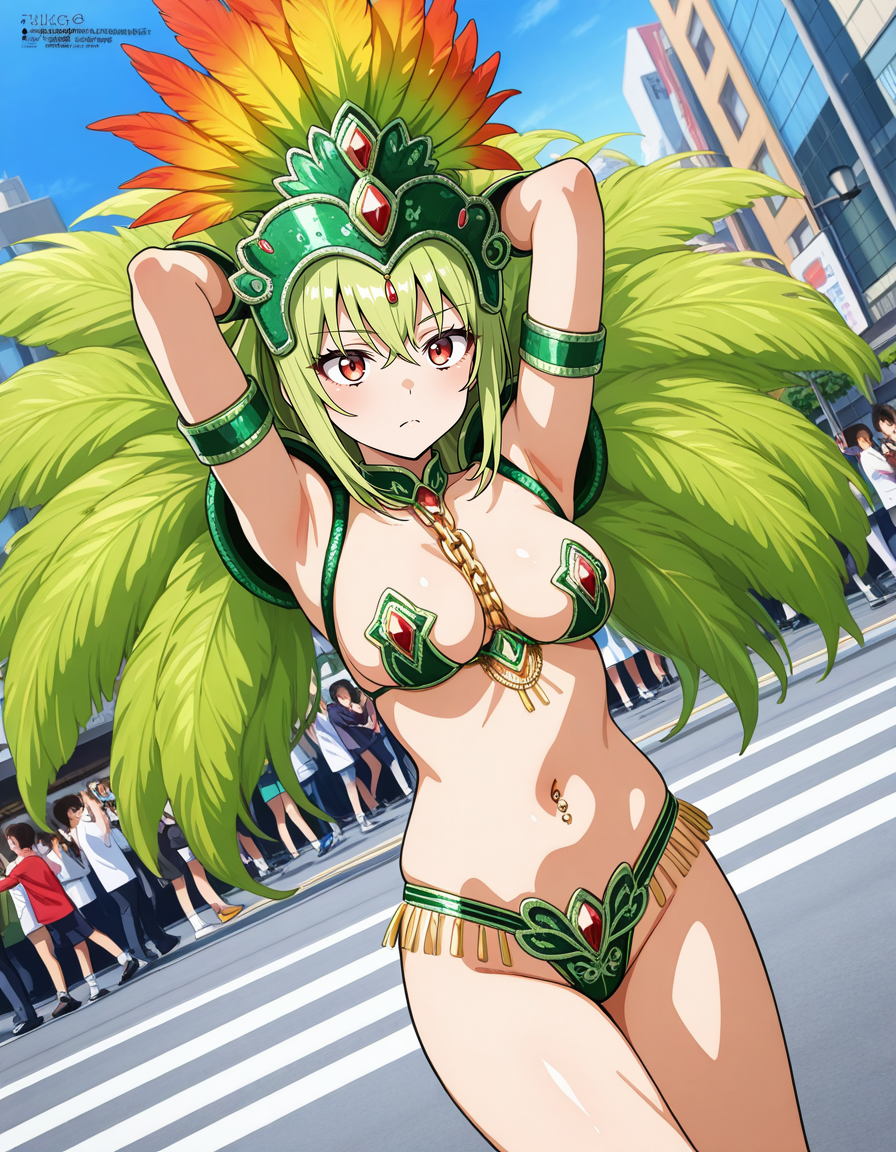 score_7_up, anime BREAK official art, solo, 1girl, one girl, 
dynamic angle, dynamic pose, megami magazine, 
BRERAK, 
<lora:Asakusa_Samba_Carnival_v2:0.8>, Asakusa Samba Carnival, outdoors, day, road, street, city, building, multiple girls, solo focus, dancing, Samba costume, 
breasts, navel piercing, revealing clothes, nipple cover, green costume, headdress, Revealing costume, 
(masterpiece:1.3), best quality, high resolution, unity 8k wallpaper, extremely detailed CG, 8K, perfect anatomy, highly finished, masterpiece, best quality, high quality, amazing quality, great quality, very aesthetic, ultra detailed, highres, absurdres, highly detailed, highly detailed background,