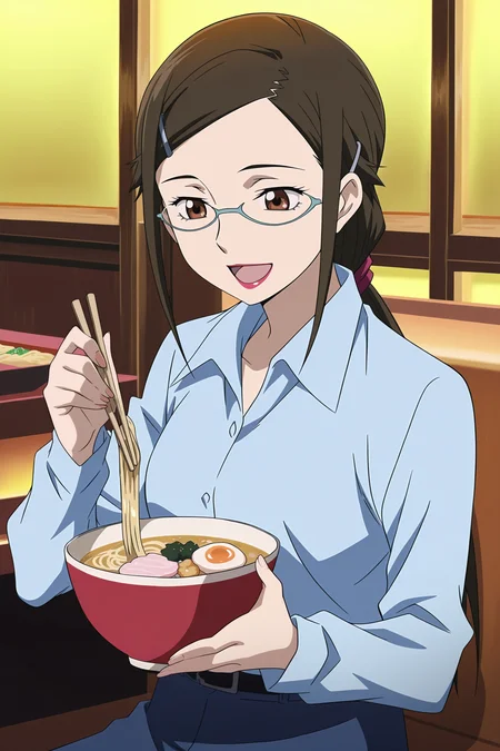 anime screencap, anime coloring, detailed face, masterpiece, best quality, very aesthetic, absurdres, volumetric lighting, official style, amazing quality, ultra detailed, highres, amazing quality, scenery, beautiful detailed hair, beautiful detailed eyes, defined fingers, five fingers,
<lora:StS-Illustrious-Detail-Slider-v1.0:4>
<lora:Misaki_Kirihara_Darker_Than_Black:1>
at a restaurant,
Misaki blue dress shirt (outfit), Misaki Kirihara (character), 1girl, solo, glasses, brown eyes, hair ornament, shirt, blue shirt, brown hair, hairclip, sitting, lipstick, collared shirt, cowboy shot, smile, :D, sitting, holding chopsticks, holding a ramen bowl, happy girl