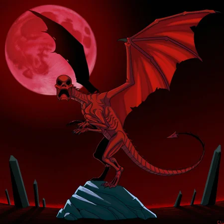 masterpiece, high quality, absurdres, 
CreepyRed, wings, creepyred, full red moon, tail, dragon wings, rock, spread wings, dark, 2-arms, 3-clawed hands, red skin, solo, hollow eyes, skeleton, 1boy, ribs,