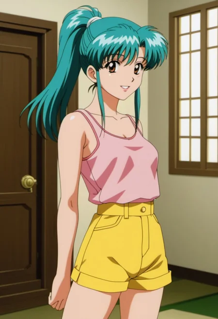 MZ1TakanakaYui,1girl,solo,parted lips,smile,aqua hair,ponytail,brown eyes,retro artstyle,1980s (style),anime screencap,masterpiece, best quality, very aesthetic, absurdres,
pink tank top,yellow shorts,thighs,armbs behind back,standing,indoor,room