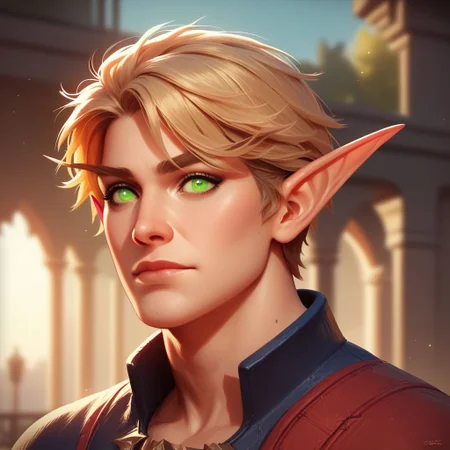 score_9, score_8_up, 8, score_7_up, score_6_up, (dynamic lighting:1.1), ((masterpiece)), solo, portrait, 
(((beautiful, hyper realistic, high quality))), portrait, score_9, score_8_up, score_7_up, 
Elf, Pointed ears, Long eyebrows, 1boy, blond short hair, green eyes, Fantasy clothes,
fantasy background, blurred background