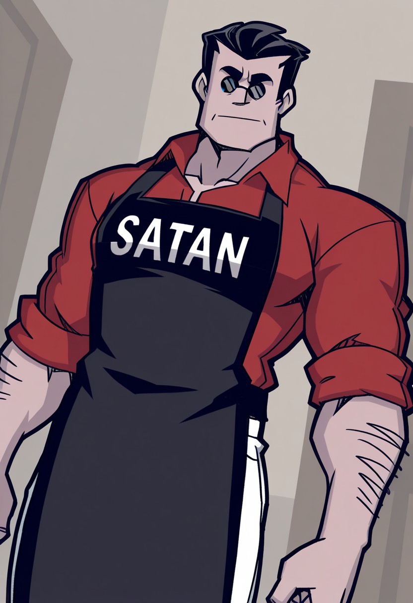 perfect anatomy, perfect proportions, best quality, masterpiece, high_resolution, high quality, best aesthetic, incredibly absurdres, highres, extremely detailed, huge filesize, solo male, adult, mature, masculine, manly, handsome, charming, alluring, standing, upper body, dutch angle, cowboy shot, perfect face, 2d,source_game \(Helltaker\), official style \(Helltaker\), HTHelltaker, Helltaker \(Helltaker\), black hair, short hair, slicked back, sunglasses, Helltaker_outfit03, red collared shirt, sleeves rolled up, black apron, black apron with "SATAN" written in white, white pants, low angle, from below