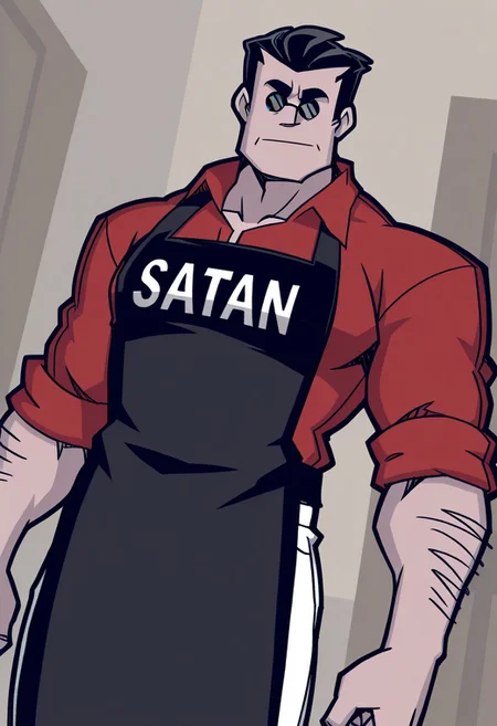 perfect anatomy, perfect proportions, best quality, masterpiece, high_resolution, high quality, best aesthetic, incredibly absurdres, highres, extremely detailed, huge filesize, solo male, adult, mature, masculine, manly, handsome, charming, alluring, standing, upper body, dutch angle, cowboy shot, perfect face, 2d,source_game \(Helltaker\), official style \(Helltaker\), HTHelltaker, Helltaker \(Helltaker\), black hair, short hair, slicked back, sunglasses, Helltaker_outfit03, red collared shirt, sleeves rolled up, black apron, black apron with "SATAN" written in white, white pants, low angle, from below