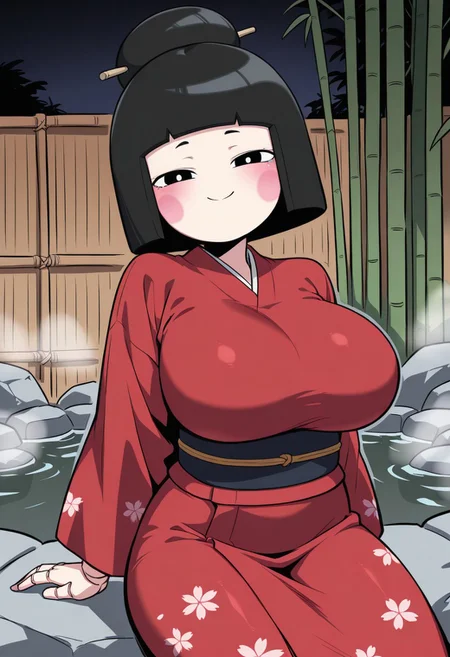 score_9,score_8_up,score_7_up,score_6_up,best quality,masterpiece, background is hot springs, bamboo,
1girl, solo,
BREAK
puppet girl, doll joints, short puppet bobcut, (puppet hairbun), blushing stickers, mature female, large breasts, looking at viewer, black eyes, smile, red kimono,