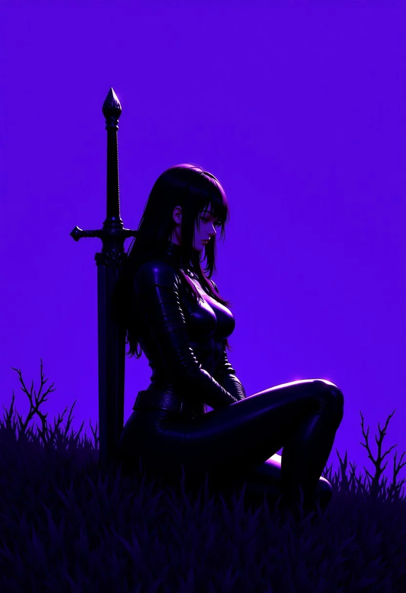 A close up half body portrait of a lone black-haired warrior woman sitting in a grassy field. The woman is wearing a helmet and heavy armor with her back resting against a sword planted in the ground. The woman and her surroundings are illuminated a deep purple color. anime_source, DreamArt, purplescale,