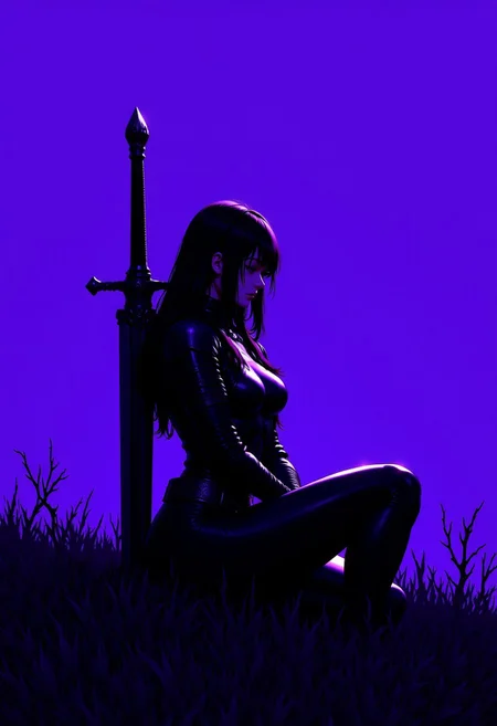 A close up half body portrait of a lone black-haired warrior woman sitting in a grassy field. The woman is wearing a helmet and heavy armor with her back resting against a sword planted in the ground. The woman and her surroundings are illuminated a deep purple color. anime_source, DreamArt, purplescale,