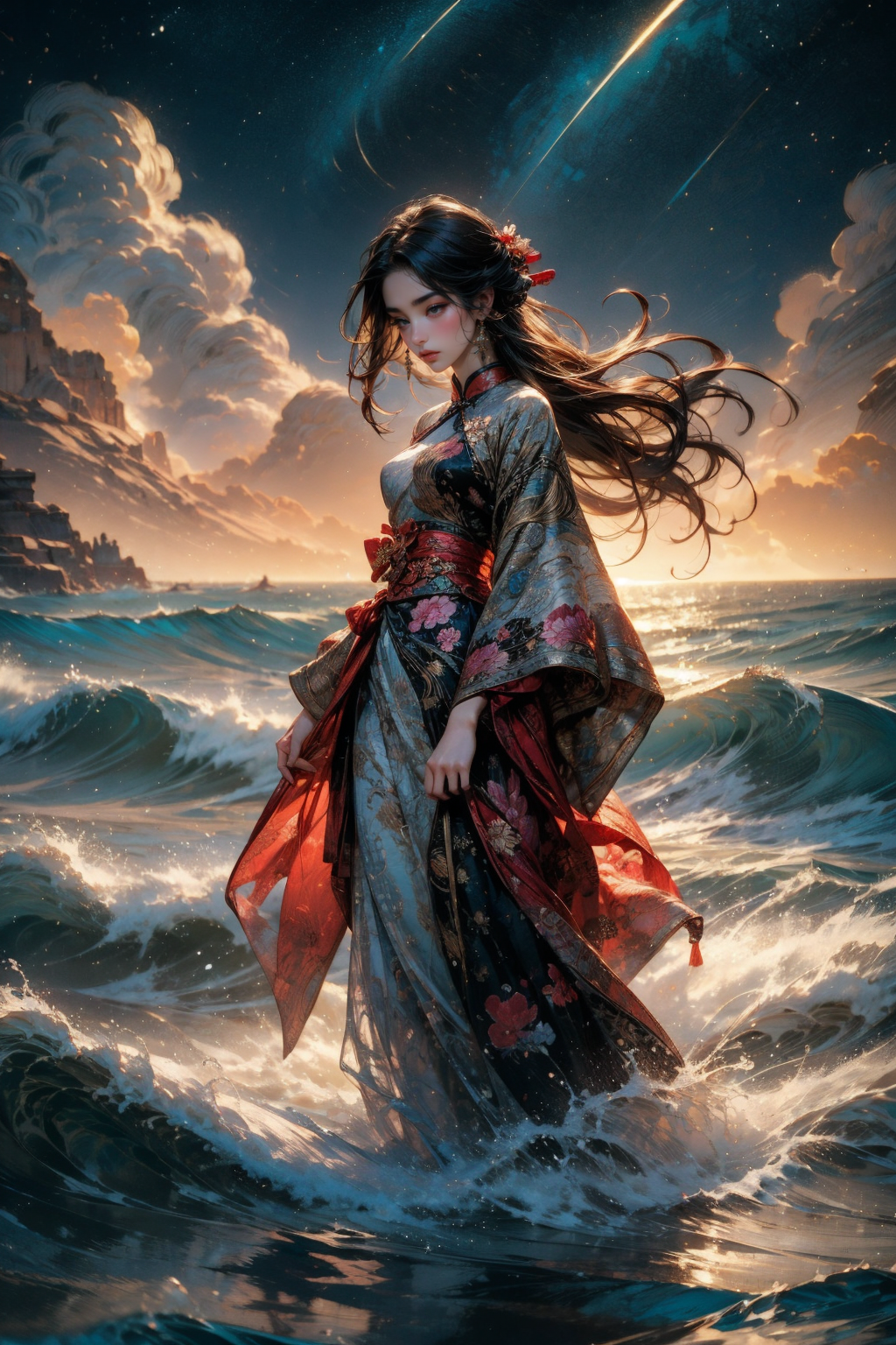 (masterpiece:1.1), (best quality:1.1), (intricate:1.1), (detailed:1.1), (ornate:1.1), (aesthetic:1.0), (vibrant colors:1.2), BREAK,
(chinese ink painting:1.2), (tragic:1.1), BREAK,
(solo:1.2), (full body:1.0), (1girl:1.0), (floral dress:1.0), (standing amidst the waves:1.0), (traditional chinese dress:1.0), (sad:1.0), (depressed:1.0), (hopeless:1.0), (sorrowful:1.0), (partially submerged:1.0), (pain:1.0), <lora:Chinese_ink painting_20230725220724-000018:0.4>, BREAK,
(starry night:1.1), (ocean:1.0), (waves:1.1), (raging waters:1.1), (clouds:1.0)