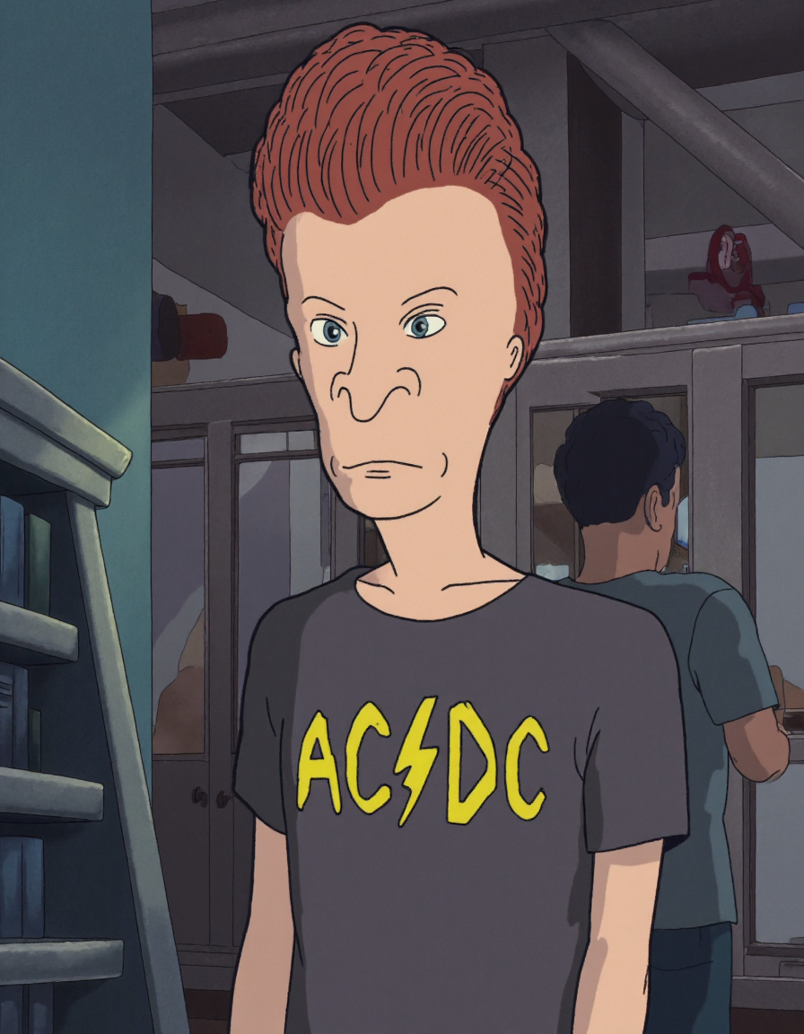 2d artstyle, Butthead character wearing AC/DC shirt, red shorts, (depicted as anime style villian)  <lora:Butt-head_Flux:1> <lora:Studio_Ghibli_Flux:1> ghiblistyle