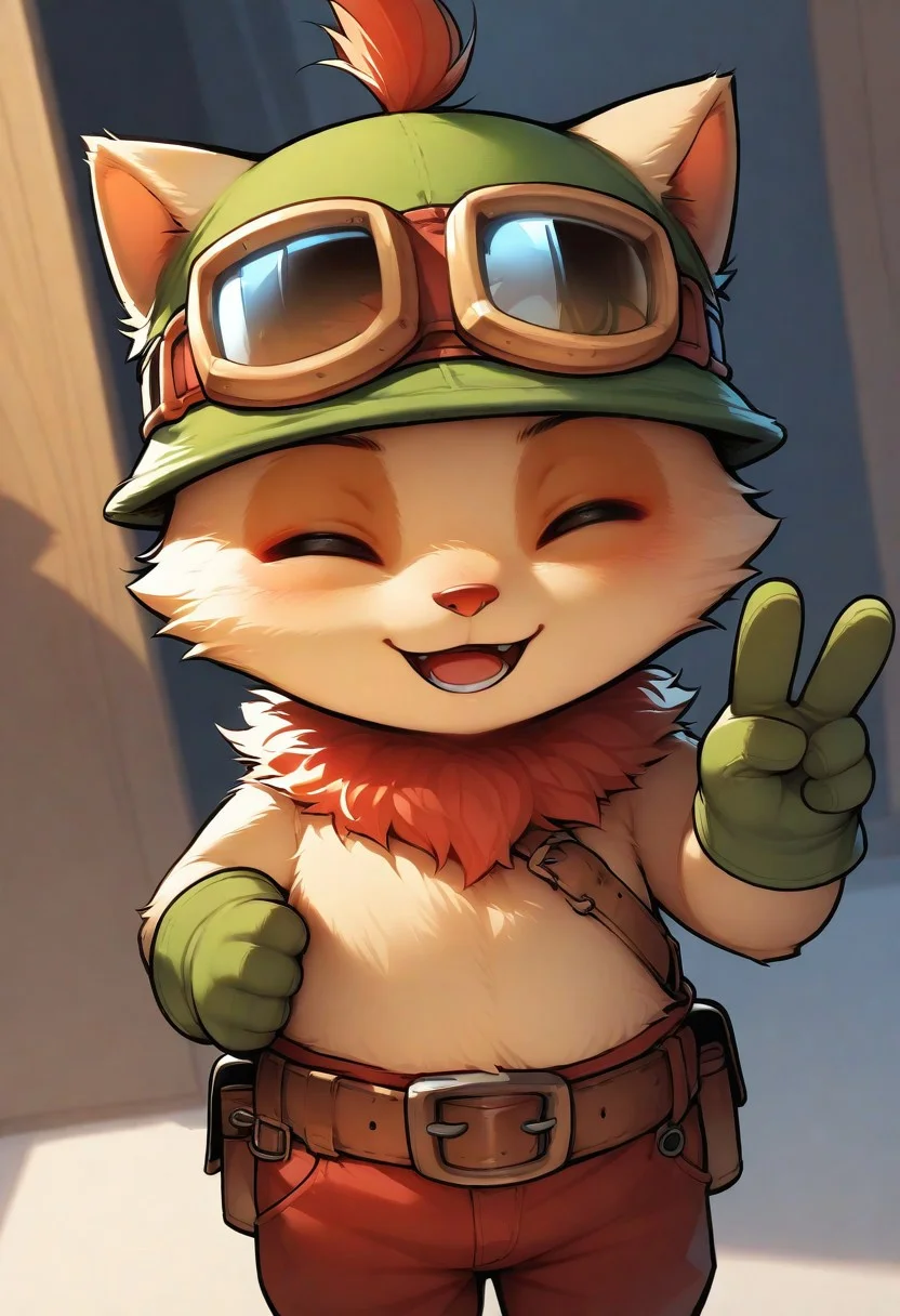 1boy, solo, chibi, teemo, fur, ^ ^, goggles on head, hat, gloves, selfie, v, belt, pants, cowboy shot, masterpiece, best quality, very aesthetic