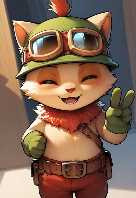 1boy, solo, chibi, teemo, fur, ^ ^, goggles on head, hat, gloves, selfie, v, belt, pants, cowboy shot, masterpiece, best quality, very aesthetic
