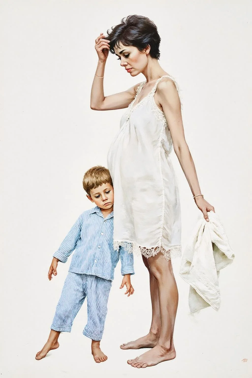 kard1 illustration. yawc1 watercolor
A mother and a little boy.
The mother with short, dark hair, is standing on the right side of the image. She is dressed in a sleeveless, white nightgown with delicate lace trim at the hem. She is holding a white towel or robe in her right hand, which is raised as if she is adjusting her hair or wiping her forehead. Her expression is focused and slightly concerned.
A little boy, dressed in blue and white striped pyjama, is standing beside his mother, with his head leaning against her belly.
<lora:kard1_cap_d6a3:1.0> <lora:yawcolor_nocap1_d4a2:0.7><lora:816548604094407511:0>