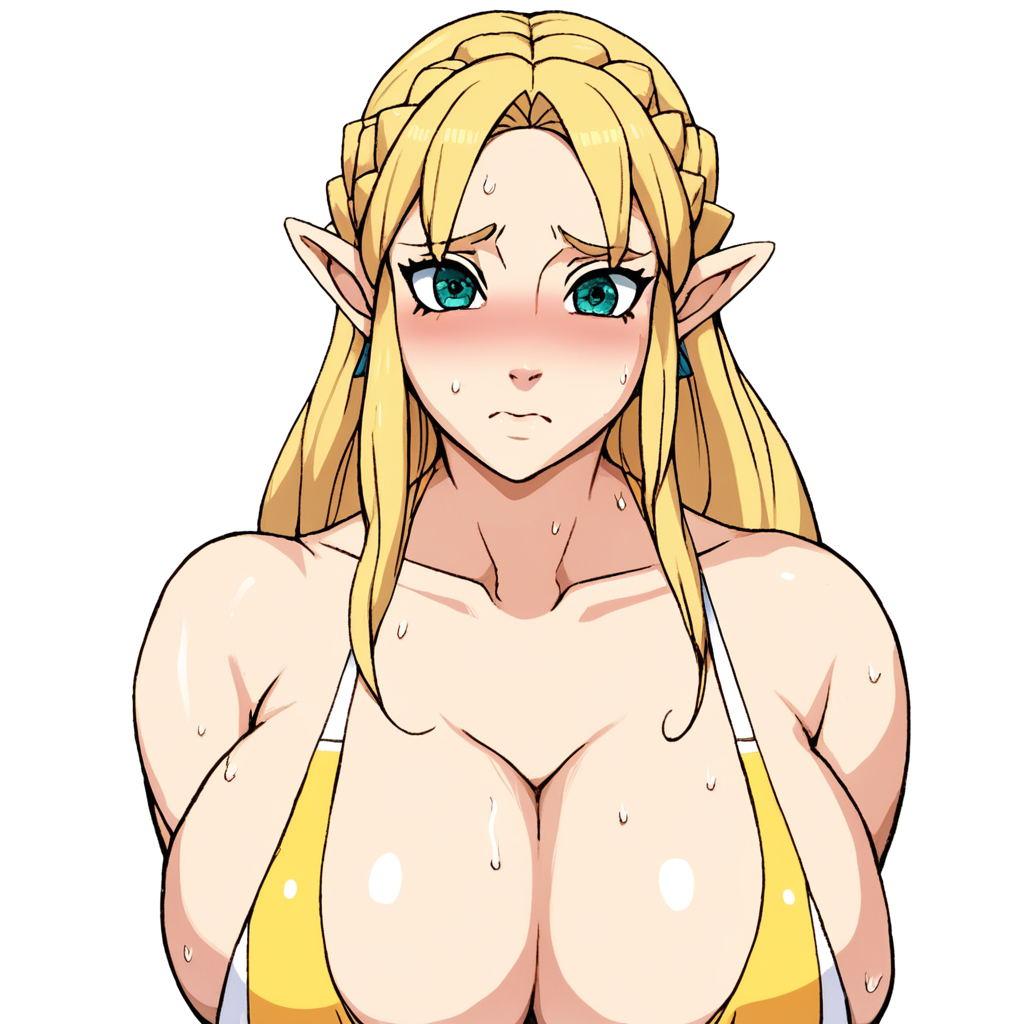 source_anime, colorful, score_9, score_8_up, score_8, 1girl, Princess Zelda, N4RUH05TYL3, BREAK, 1woman, long hair, milf, (detailed face), (detailed skin), detailed eyes, curvy, perky breasts, shy, averting_eyes, full-face_blush, shiny skin, sweat, swimsuit,