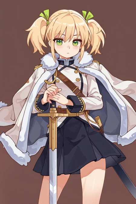 masterpiece, best quality, amazing quality,
<lora:Lango_IL:1> lango, 1girl, solo, weapon, sword, jacket, jacket on shoulders, skirt, green eyes, twintails, fur trim, hair ribbon, ribbon, blonde hair, green ribbon, white jacket, fur-trimmed jacket, brown background