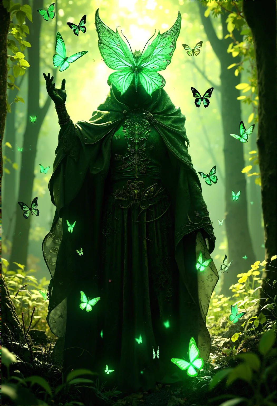 Photorealistic depiction of a mysterious forest guardian with a glowing green butterfly-shaped face, standing in a sunlit forest surrounded by vibrant, luminescent butterflies. The guardian's cloak is intricately detailed, blending seamlessly with the natural surroundings.

The figure standing tall with one arm raised, as if commanding the butterflies around them, their cloak billowing slightly in the breeze, with the glowing butterflies reflecting off the intricate patterns on their attire. 










