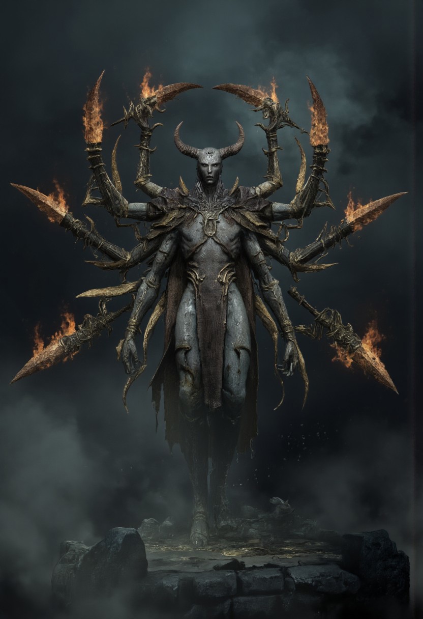 DGC style, MikeFranchinastyle, ghiblistyle, hkevil, berserk style, Surreal art, d4artstyle, d4concept, , bbstyle,, horror theme,, zbrush, ZBClay model of a gray sculpture
Set against a solid dark color background to emphasize its unnatural form and grotesque eerie and unsettling anatomy that emphasizes its silhouette. The medium is not a traditional painting or illustrative medium like watercolor or ink but rather a digital 3D rendering.
A towering, nightmarish six-armed humanoid creature, its muscular form wreathed in darkness and shadow. Each of its elongated arms wields a blazing, fiery sword, casting ominous light across its grotesque body. Its face is obscured in a void of darkness, adding an air of mystery and dread. The creature’s stance is menacing and powerful, its clawed feet digging into a desolate, fog-covered ground, exuding unstoppable rage. The surrounding atmosphere is thick with smoke and ash, with faint embers drifting through the air. Focus on dramatic contrast, intense lighting, smoky textures, and the creature’s imposing, multi-armed silhouette.