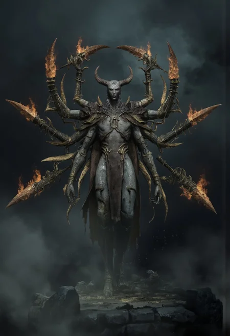 DGC style, MikeFranchinastyle, ghiblistyle, hkevil, berserk style, Surreal art, d4artstyle, d4concept, , bbstyle,, horror theme,, zbrush, ZBClay model of a gray sculpture
Set against a solid dark color background to emphasize its unnatural form and grotesque eerie and unsettling anatomy that emphasizes its silhouette. The medium is not a traditional painting or illustrative medium like watercolor or ink but rather a digital 3D rendering.
A towering, nightmarish six-armed humanoid creature, its muscular form wreathed in darkness and shadow. Each of its elongated arms wields a blazing, fiery sword, casting ominous light across its grotesque body. Its face is obscured in a void of darkness, adding an air of mystery and dread. The creature’s stance is menacing and powerful, its clawed feet digging into a desolate, fog-covered ground, exuding unstoppable rage. The surrounding atmosphere is thick with smoke and ash, with faint embers drifting through the air. Focus on dramatic contrast, intense lighting, smoky textures, and the creature’s imposing, multi-armed silhouette.