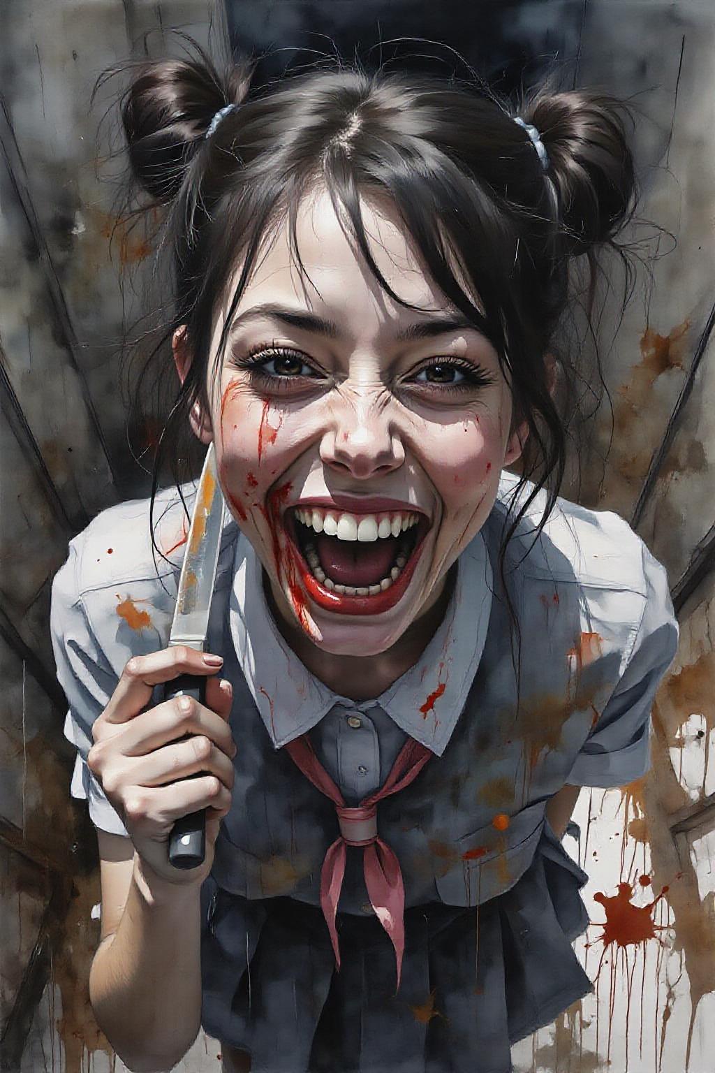 yawc1 watercolor.
masterpiece, best quality, amazing quality, very aesthetic, absurdres, newest, scenery, 1girl, toga himiko, teeth, open mouth, blood on face, smile, double bun, crazy eyes, holding knife, hand on own cheek, upper body, school uniform backlighting, from above, dutch angle, , close-up, photorealistic, dutch angle, (colorful), from above, (((paint splatter))),fisheye, , masterpiece, best quality, amazing quality, very aesthetic, absurdres, newest, scenery, volumetric lighting <lora:yawcolor_nocap_d4a2:1.0> <lora:schnell_v1.0:1.0><lora:798380106453255833:0>