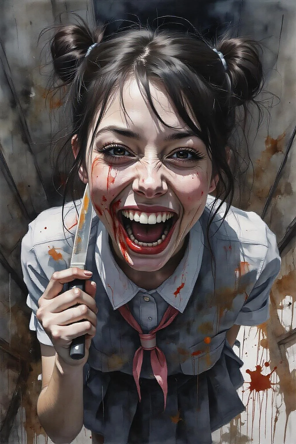 yawc1 watercolor.
masterpiece, best quality, amazing quality, very aesthetic, absurdres, newest, scenery, 1girl, toga himiko, teeth, open mouth, blood on face, smile, double bun, crazy eyes, holding knife, hand on own cheek, upper body, school uniform backlighting, from above, dutch angle, , close-up, photorealistic, dutch angle, (colorful), from above, (((paint splatter))),fisheye, , masterpiece, best quality, amazing quality, very aesthetic, absurdres, newest, scenery, volumetric lighting <lora:yawcolor_nocap_d4a2:1.0> <lora:schnell_v1.0:1.0><lora:798380106453255833:0>