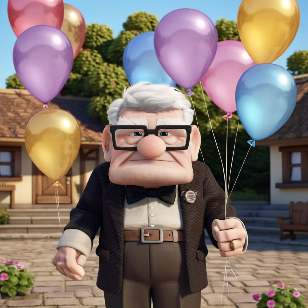 CarlFredricksen1024, an old man holding balloons, full body, outdoor, detailed eyes, highly detailed , photography, ultra sharp, film, bokeh, professional, 4k  <lora:add-detail-xl:1.5>  <lora:CarlFredricksen1024-000360:0.8>