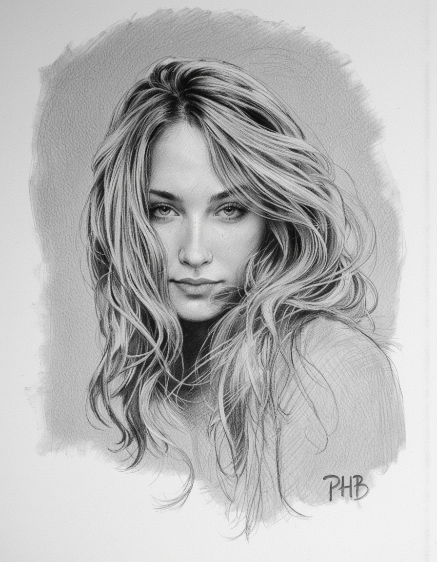 Art by Thomas Haller Buchanan. A black and white pencil drawing of a portrait of a woman with long, flowing hair, captured from a portrait camera angle. the subject is a woman with light skin and long, wavy hair that falls down her back, framing her face. she appears to be in her early twenties, with a neutral expression and a slight smile. her eyes are looking directly at the viewer, and her lips are slightly parted, giving a subtle hint of a hint of her nose. her hair is messy and unkempt, with some strands of hair falling over her shoulders. the background is a plain, light-colored paper with a subtle texture, and the focus is on the subject's face and upper body. the drawing is signed "PHB" in the bottom right corner, adding a personal touch to the artwork.