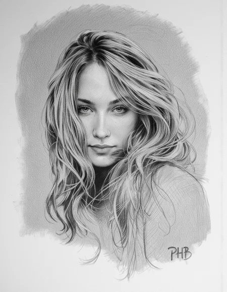 Art by Thomas Haller Buchanan. A black and white pencil drawing of a portrait of a woman with long, flowing hair, captured from a portrait camera angle. the subject is a woman with light skin and long, wavy hair that falls down her back, framing her face. she appears to be in her early twenties, with a neutral expression and a slight smile. her eyes are looking directly at the viewer, and her lips are slightly parted, giving a subtle hint of a hint of her nose. her hair is messy and unkempt, with some strands of hair falling over her shoulders. the background is a plain, light-colored paper with a subtle texture, and the focus is on the subject's face and upper body. the drawing is signed "PHB" in the bottom right corner, adding a personal touch to the artwork.