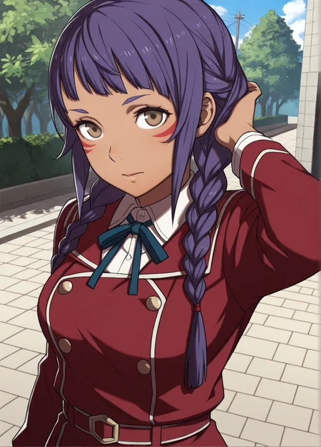 masterpiece, best quality, amazing quality, very aesthetic, absurdres, newest, detailed background, cowboy shot, outdoors, dynamic angle,
fireemblemxd, 1girl, school uniform, solo, braid, brown eyes, facial mark, long hair, purple hair, upper body, uniform, dark skin, closed mouth, dark-skinned female, breasts
looking at viewer, dynamic pose, 
 <lora:Fire_Emblem_Style:1>