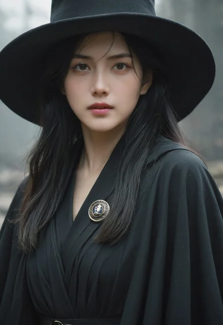 A woman with long black hair is wearing a large black hat and a matching black cloak adorned with a mysterious emblem on the shoulder. Her expression is serious and intense, with a focus on her piercing eyes. The background is a simple gray, which contrasts with her dark attire, emphasizing her mysterious and imposing presence.