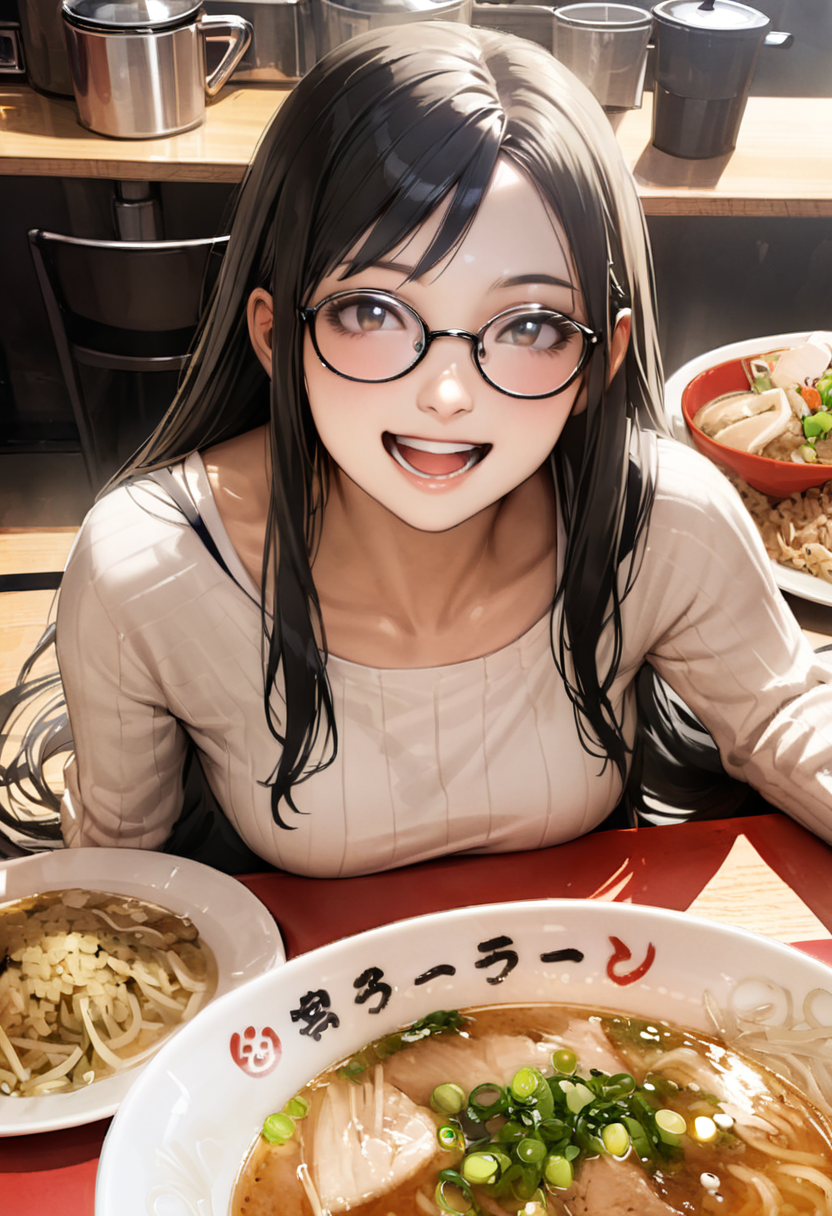 masterpiece, best quality, very aesthetic, absurdres,
1girl, solo, glasses, black hair, long hair, white ribbed sweater, happy, smile, looking at viewer, open mouth, solo focus, sitting, across table, 
miyakko_ramen, food focus, noodles, food, bowl, realistic, ramen, soup, spring onion, still life, cup, table, close-up
 <lora:miyakko_storefront_SDXL_V2:1>