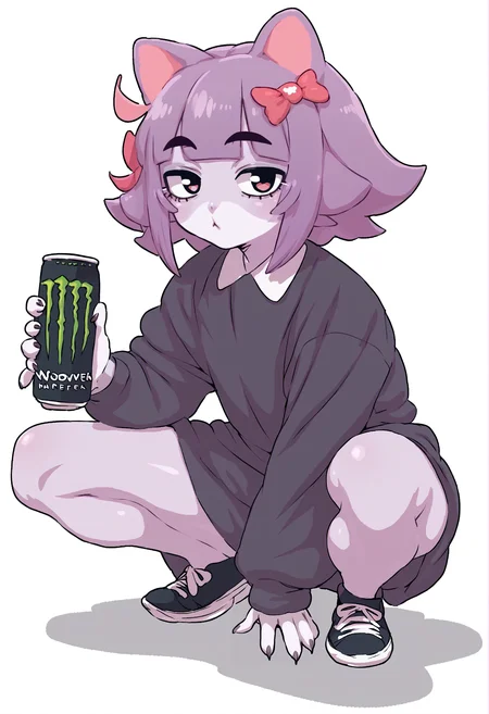 score_9, score_8_up, score_7_up,
by nezumi \(artist\), squatting, spread legs,
masunya, masyunya (vkontakte), masyunya /(vkontakte/), cat ears, purple skin color, hair bow, (purple hair color:1.1), <lora:masunya-masyunya_ponyXL_v1:0.8>
<lora:PDXL_artist_tags_v2_big:1>
monster energy, holding monster energy, <lora:monsterEenergy_pony:0.7>