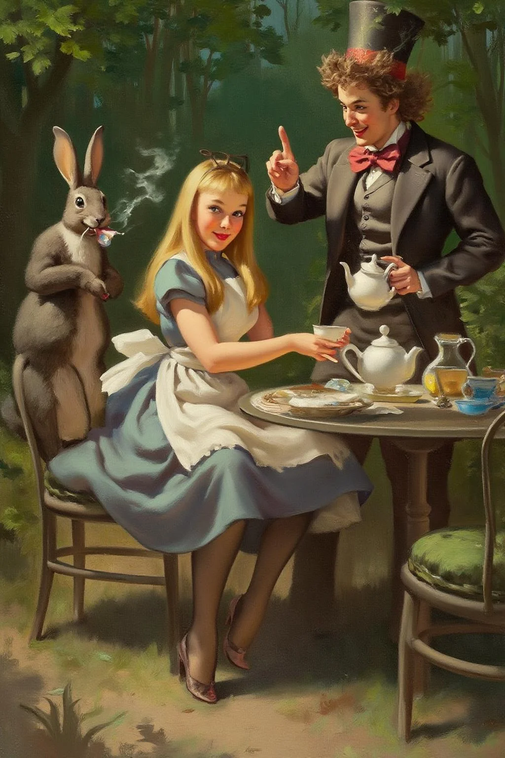 gilelvgren1 illustration.
Three characters sitting at a table at a tea party in the forest. In the center is Alice in Wonderland, a girl with long blonde hair in a dress and white apron holds a teacup. On the right is the Mad Hatter, a man with wild hair and a tall hat, in a suit, holding a teapot and gesturing with his finger, pointing to the left. On the left is an anthropomorphic Rabbit, smoking. <lora:gilelvgren1_d8a4e9a:1.0><lora:868553808634981715:0>