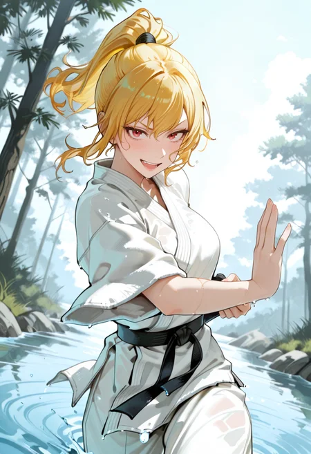 1girl, solo, anime coloring, anime artwork, masterpiece, best quality, newest, absurdres, highres, safe, CG, cinematic lighting, natural shadow, highest detail, detailed background, intricate scenery, depth of field, insane details, intricate, subsurface scattering, very aesthetic, serene atmosphere, artistic rendering, dramatic contrast, luminous elements, soft painterly texture, striking visual design, finely detailed face, beautiful face,
unholy-aesthetic, dutch angle, cinematic angle,
attack stance,
forest, on water, smile, slightly open mouth,
sky, morning sky,
<lora:kaelaIL:0.55> kaelaIL, medium hair,red eyes, (yellow hair:1.5), ponytail, mature female,
<lora:TER_ILL_V1:0.75>,
<lora:FighterIL:0.85> Jedmat, martial arts gi, black belt, wet cloth,
<lora:Expressive:1> expressive