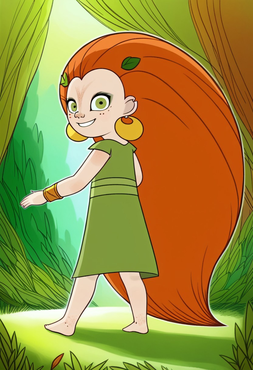 (zPDXL3), full body, solo, 1girl, best quality, 1girl, solo, mebh_human, green eyes, long hair, orange hair, earrings, barefoot, earrings, jewelry, leaf, freckles,  looking at viewer, from behind, smile, dynamic pose, outdoors, forest, dynamic angle 