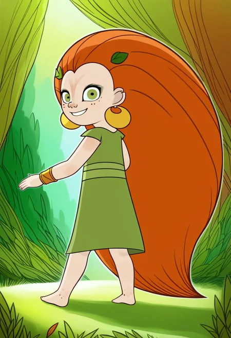 (zPDXL3), full body, solo, 1girl, best quality, 1girl, solo, mebh_human, green eyes, long hair, orange hair, earrings, barefoot, earrings, jewelry, leaf, freckles,  looking at viewer, from behind, smile, dynamic pose, outdoors, forest, dynamic angle 