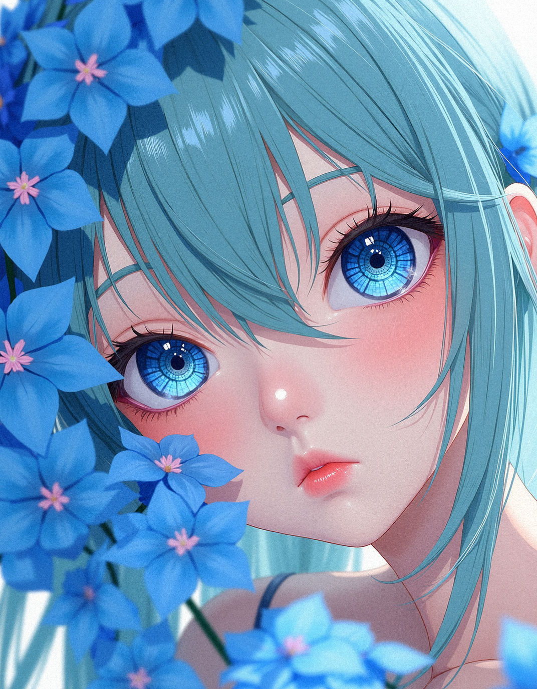 Envision a delicate anime-inspired portrait of a character with pastel blue and green hair, whose face is partially enveloped by a cascade of blue flowers. Their single visible eye, a stunning shade of blue, reflects intricate gem-like patterns that add a fantastical, otherworldly quality. The flowers, blooming in a gradient of blue shades with subtle accents of pink and white, seem to be a natural extension of the character, as if they are a part of them. Set against a soft, blurred background, the flowers and skin textures are emphasized, bringing out the ethereal and dreamlike essence of this fusion between human and nature.

Visual Aesthetics to Enhance Photorealism:
Slight lens flare to suggest natural light.
Veined, realistic leaf textures.
High-resolution details on flower pollen.
Accurate depiction of skin’s micro-textures.
