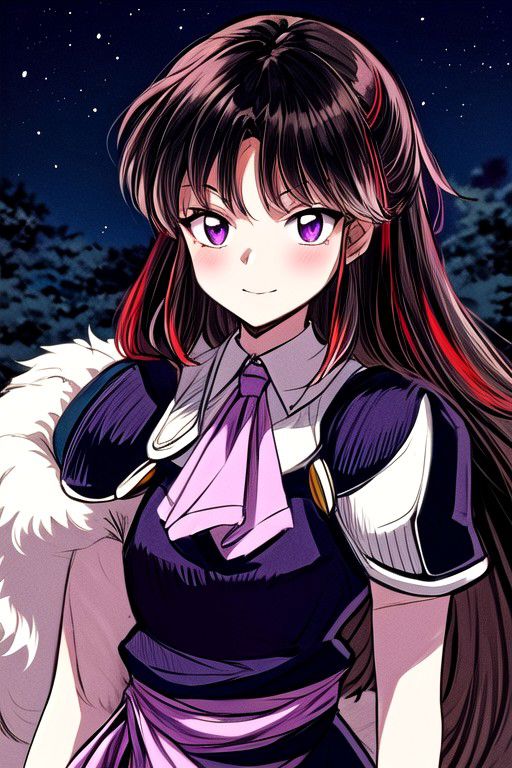 masterpiece,  best quality 1girl Setsun4 solo long hair,  (night time) forest background black hair very long hair purple eyes multicolored hair armor (fur trim) (medium body),<lora:EMS-179-EMS:0.800000>,<lora:EMS-293862-EMS:0.800000> bow, hair_bow, hair_tubes, red_bow, brown_hair, long_hair, bangs, ascot, frilled_bow, yellow_ascot, blush, smile, hair_between_eyes, athletic, armor